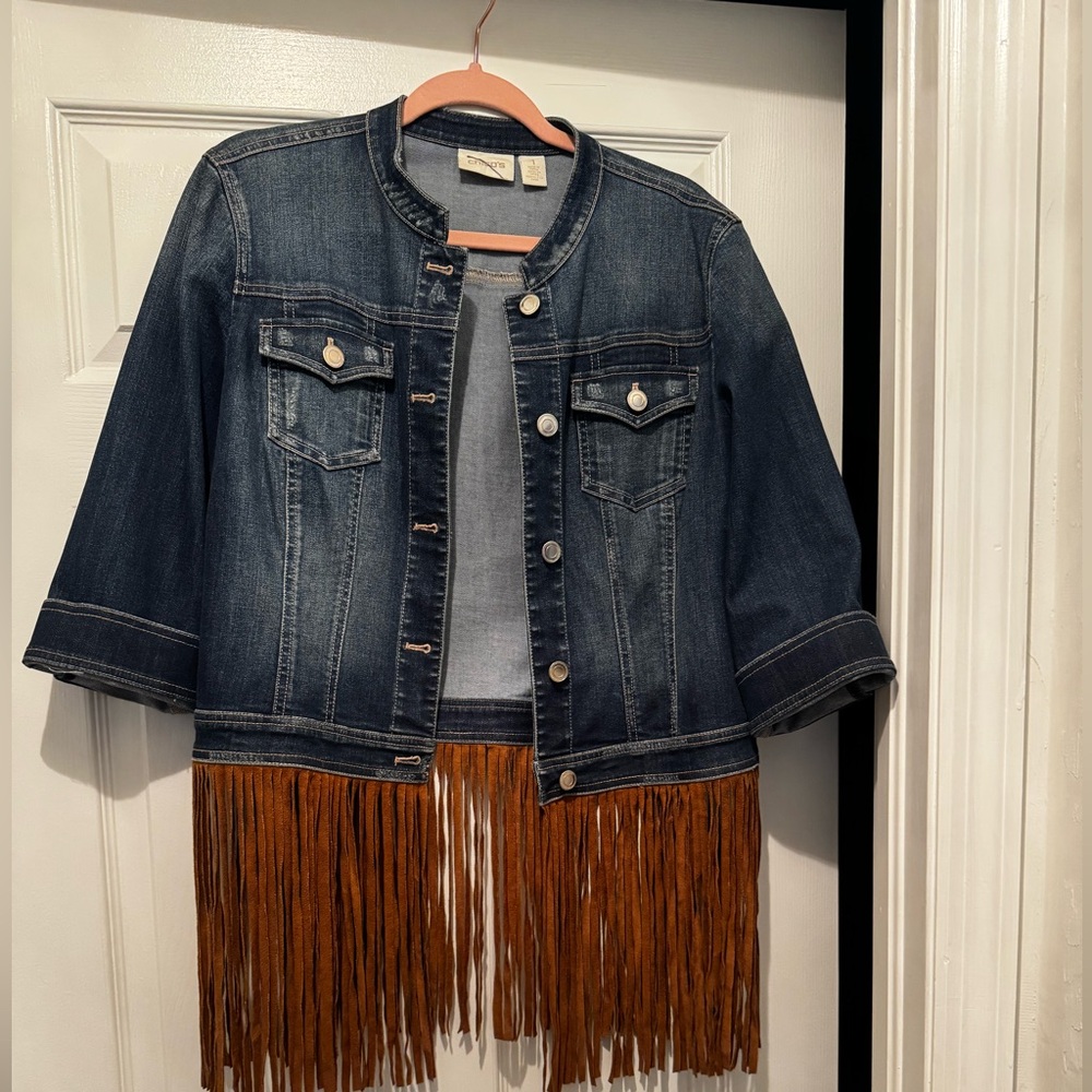 Chico's Women's Dark Blue Denim Jacket with customized fringes